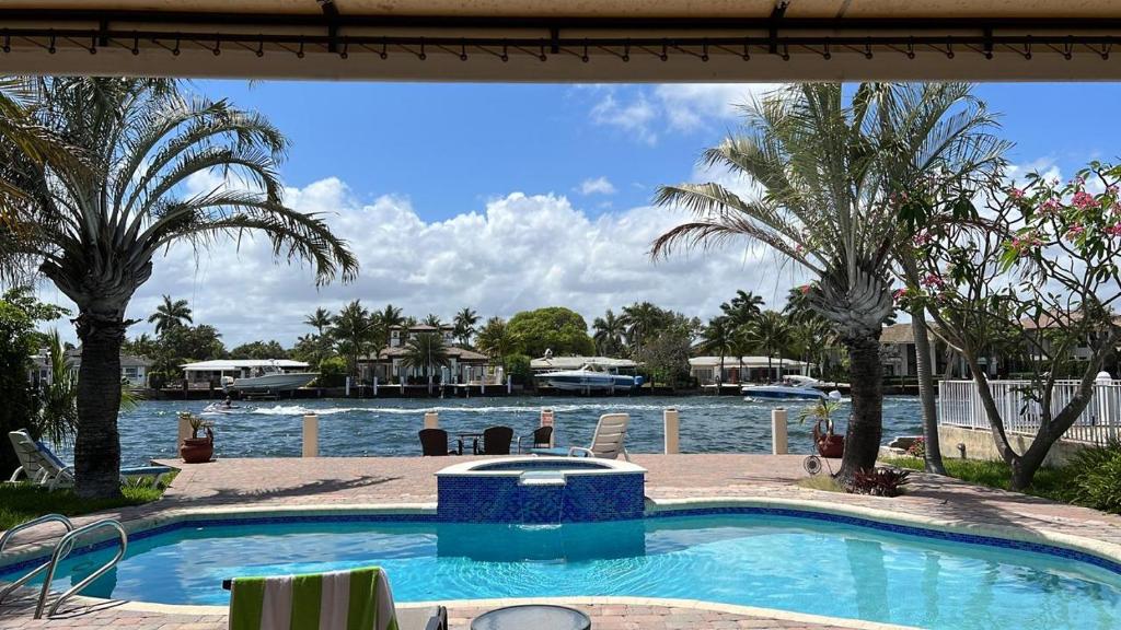 a swimming pool with palm trees and a body of water at Waterfront House few steps to the beach in Pompano Beach