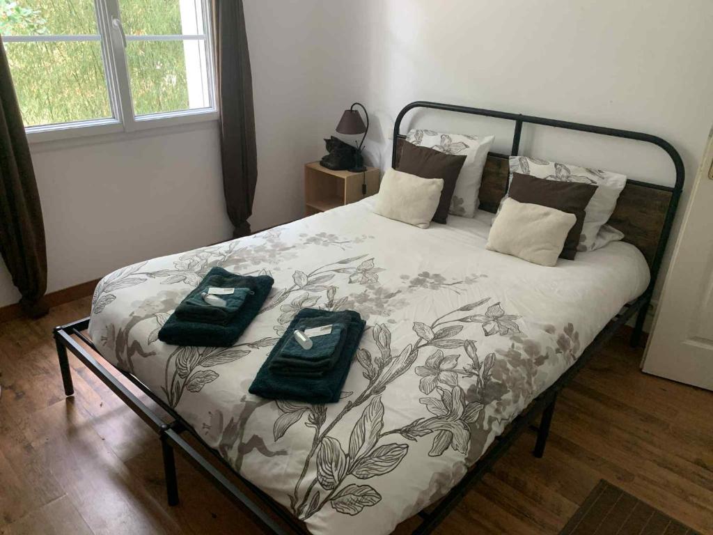 a bedroom with a bed with two pillows on it at Chambre d'hôtes Sous Les Grands Chênes ZEN in Saint-Étienne-de-Corcoué