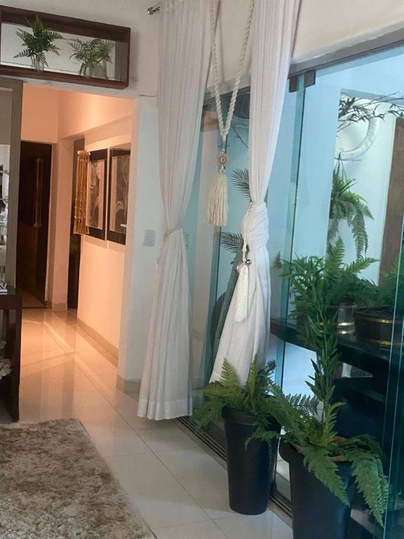 a living room with plants and curtains at Alugo suites mobiliado centro com áreas sociais Picina in Araguaína