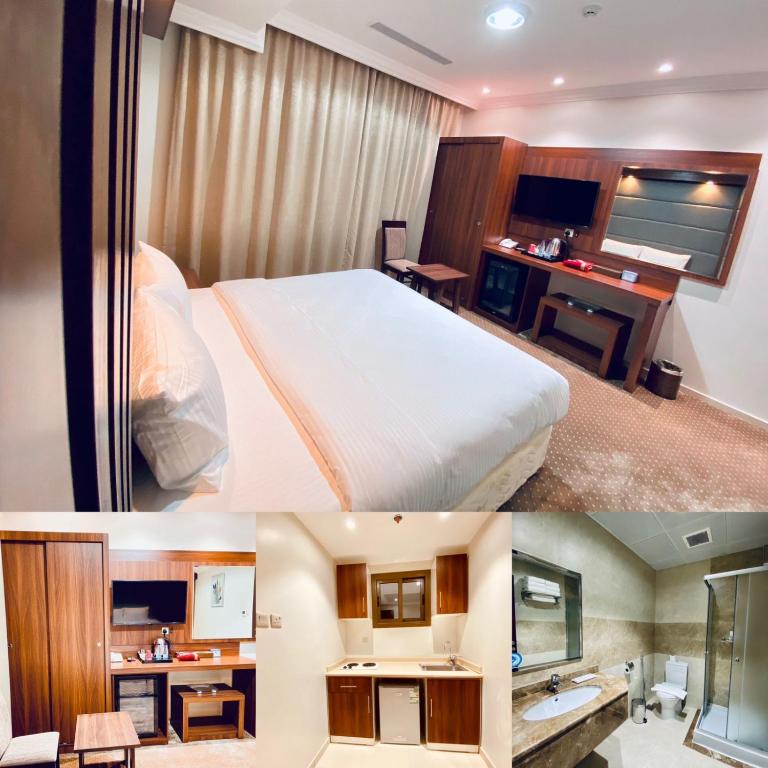 a hotel room with a bed and a desk at Itlalat Uhud Hotel - فندق إطلالة احد in Medina