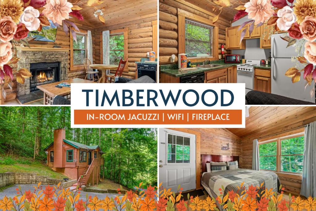een collage van foto's van een tiny house bij Log Cabin, In-Room Jacuzzi, WiFi, Fireplace in Sevierville