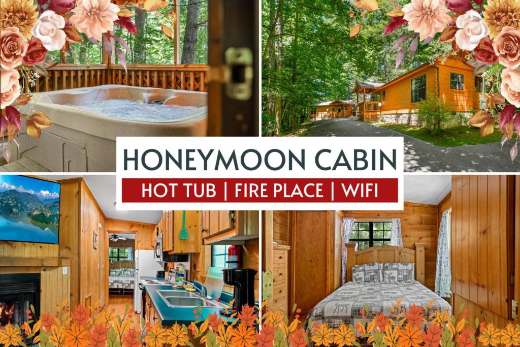 a collage of pictures of a home in the woods at Cozy Cabin, Fireplace, WiFi, Hot Tub, Views! in Sevierville