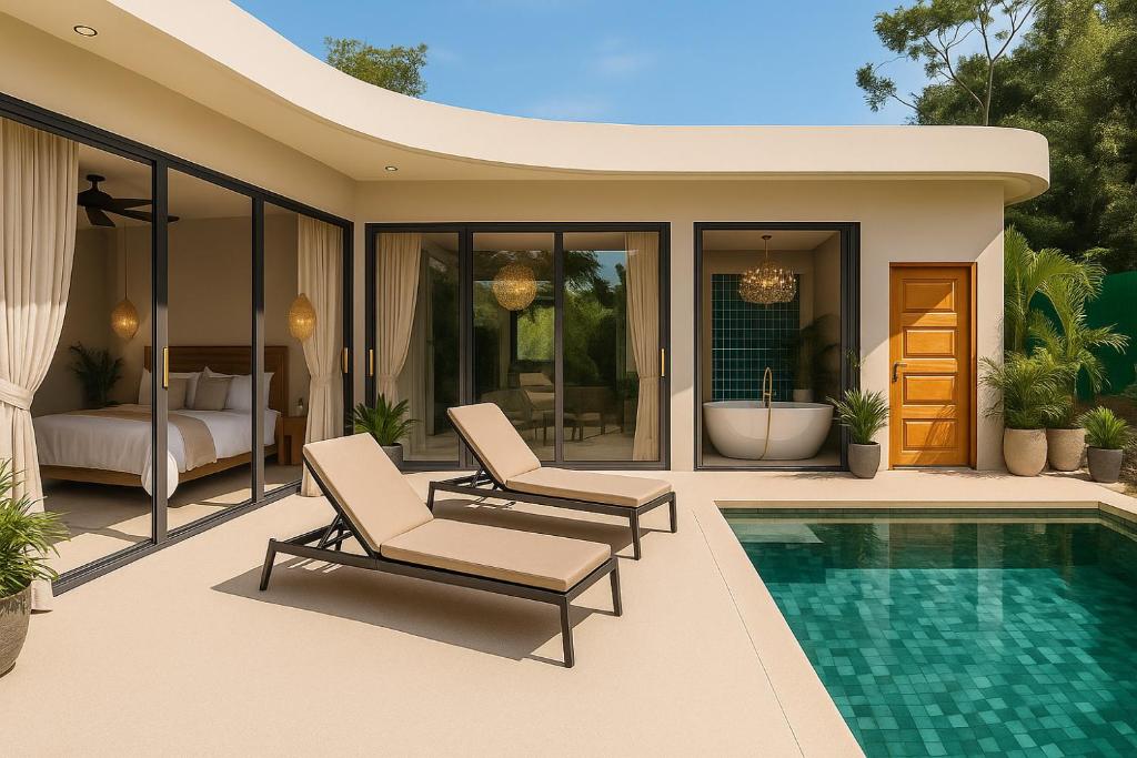 a villa with a swimming pool and a bedroom at KUUL Villas in Baan Tai