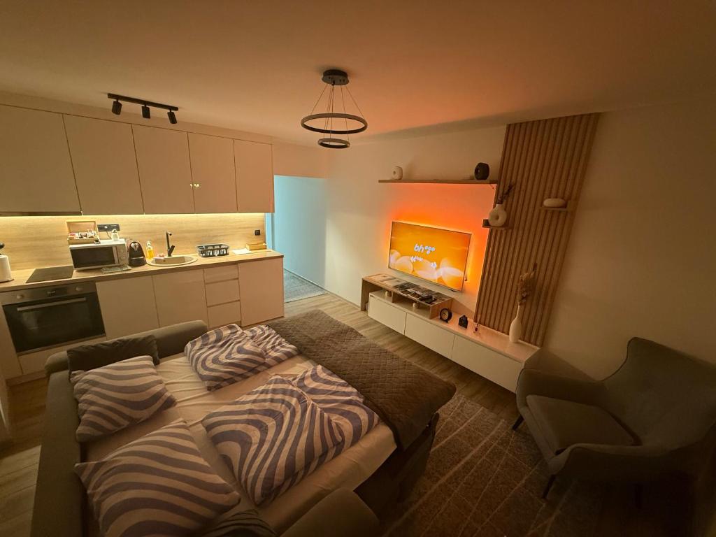 APARTMAN DBR -Dobrinja Sarajevo-FREE GARAGE في سراييفو: غرفة نوم مع سرير ومطبخ مع مدفأة