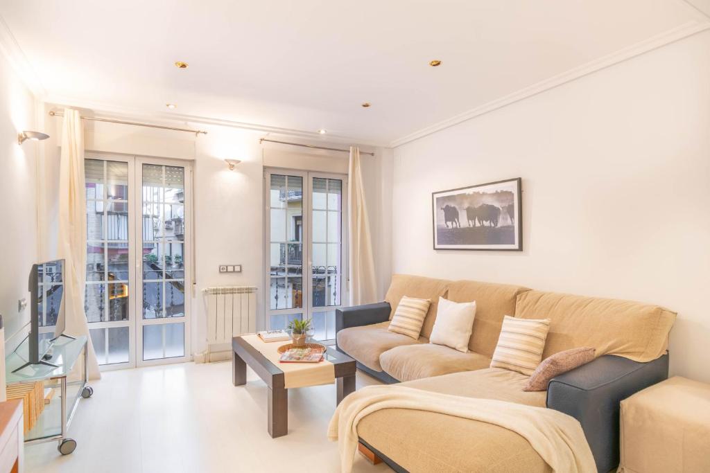 Una sala de estar con un sofá y un televisor. en Acogedor apartamento en el corazón de Pamplona, en Pamplona