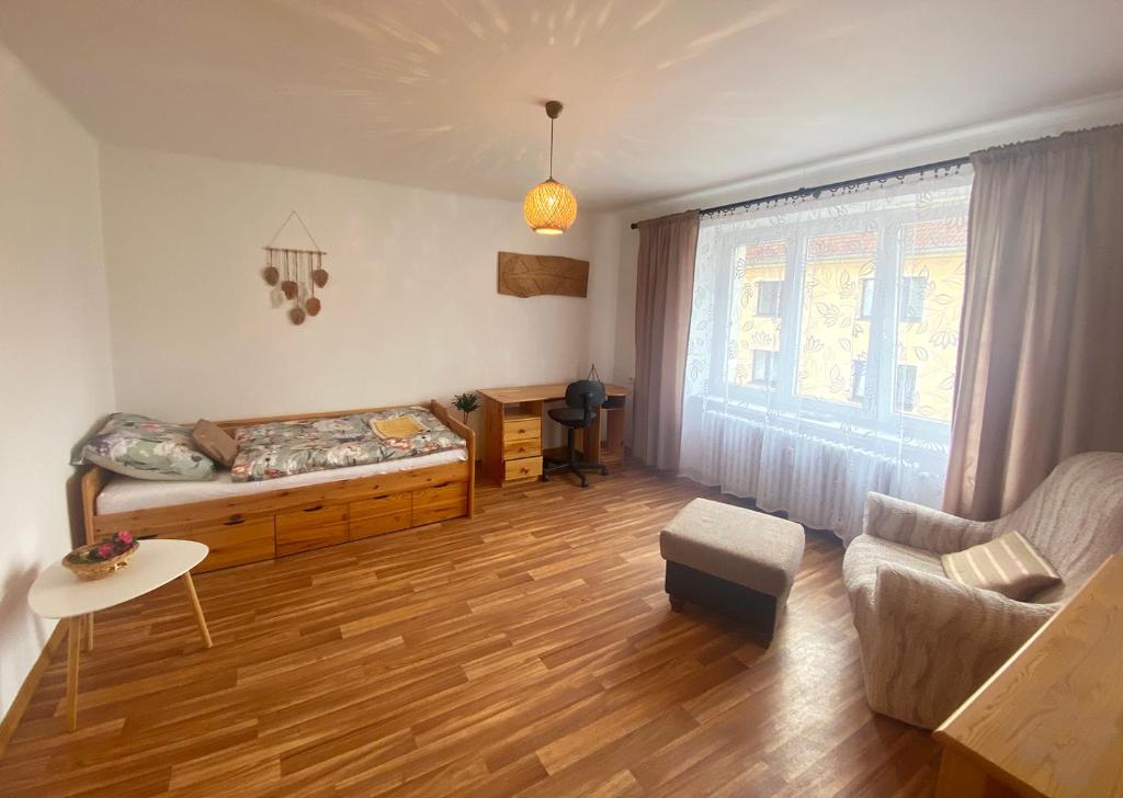 una sala de estar con una cama y un sofá en Apartmán v Trutnově, en Trutnov