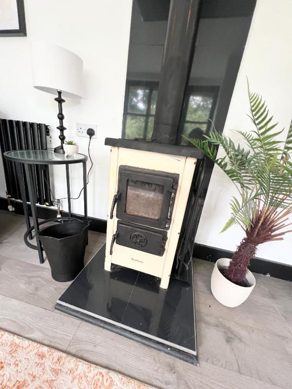 a stove sitting in a living room with a plant at Storeybook cottage in Oswestry