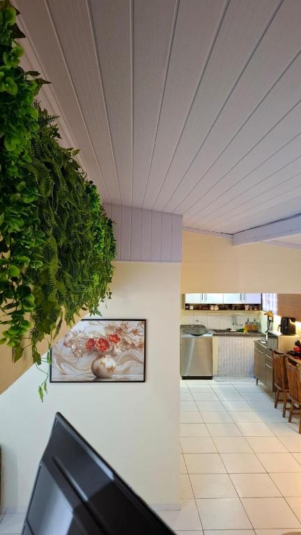a kitchen with a painting on the wall at Vilars154 - Cavaleiros e Lagoa in Macaé