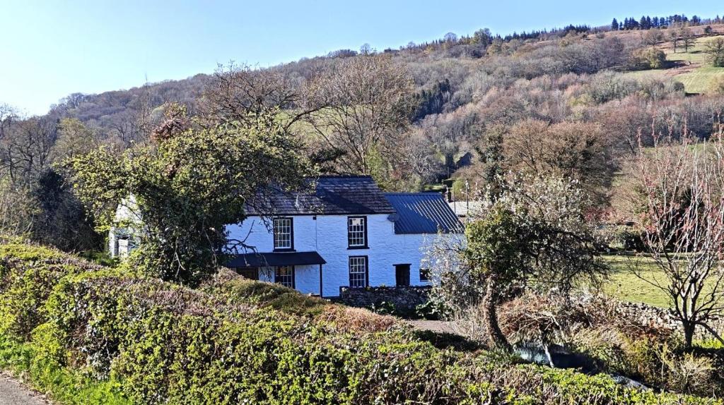 a blue house on the side of a hill at Lower Lock Cottage in Llangynidr
