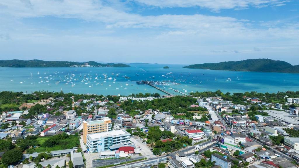 an aerial view of a city and a body of water at Seabreeze Suite 1-Bed T3-637 in Phuket