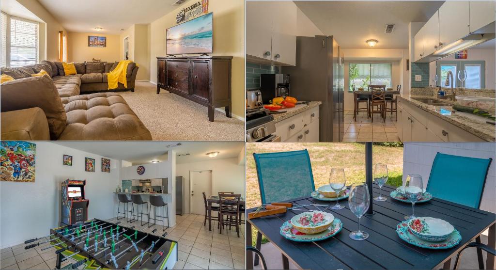 a collage of pictures of a kitchen and a living room at SA Randolph New Braunfels Vacation home with King Bd Sleeps 10 in San Antonio
