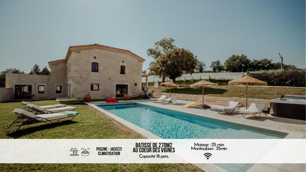 an advertisement for a villa with a swimming pool at Le Mas des vignes - Piscine - Jacuzzi - 18 pers in Cazes-Mondenard