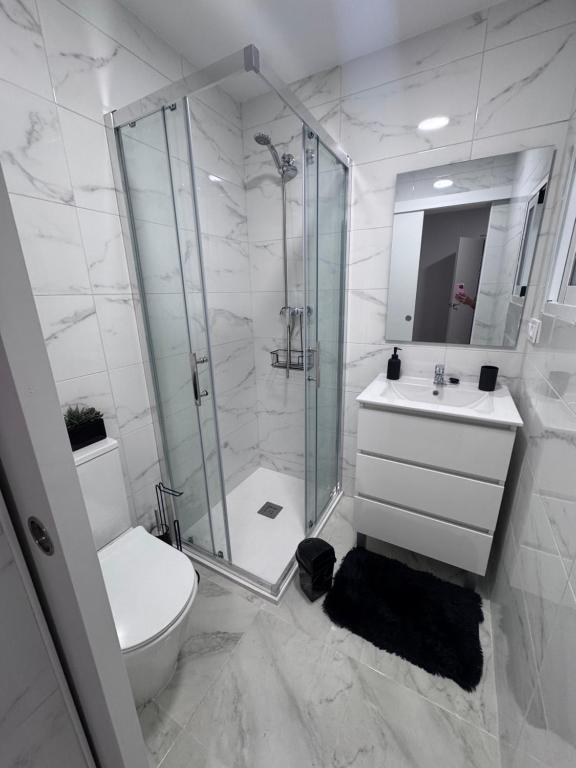 a bathroom with a shower and a toilet and a sink at Mar azul in Puerto de Mazarrón