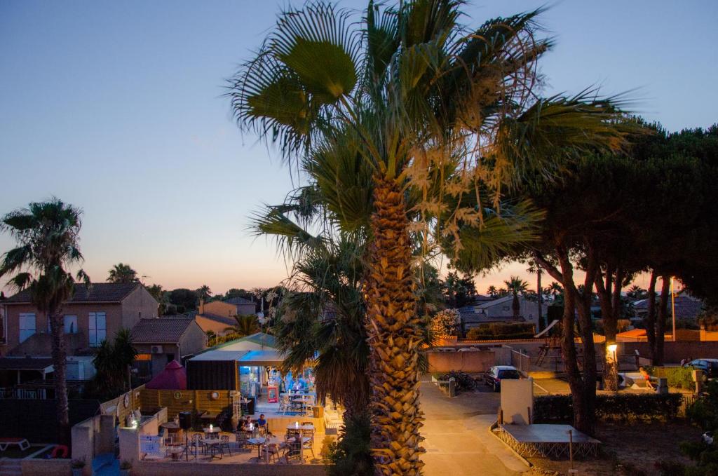 un palmier dans une cour avec des tables et des chaises dans l'établissement Camping Les Jardins d Agathe, au Grau-dʼAgde