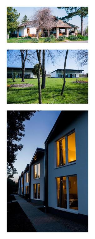 two pictures of a house with lights on at Sun City Vízisport Paradicsom in Hódmezővásárhely