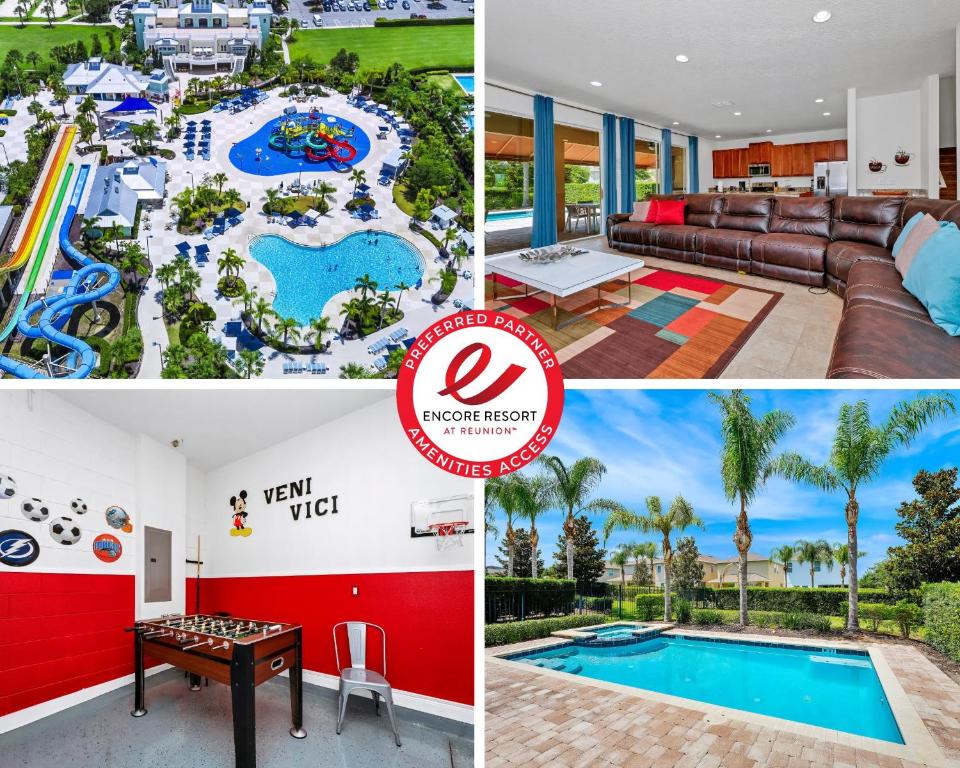 a collage of photos with a pool and a resort at Luxury Home With Private Pool And Water Park & Resort Access Near Disney At Encore Resorts Reunion - 240Mn in Kissimmee