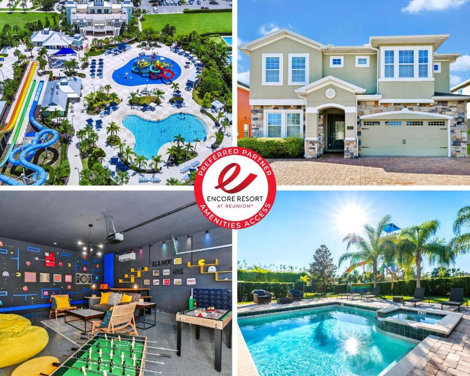 un collage de fotos con una casa y una piscina en Marvelous Home Near Disney With Private Pool And Waterpark & Resort Access At Encore Resorts Reunion - 250Cl, en Kissimmee