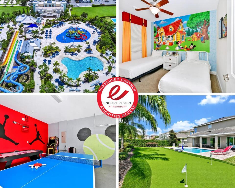 a collage of photos of a hotel with a pool and a resort at Luxury Home With Themed Rooms, Game Room And Waterpark & Resort Access Near Disney At Encore Resorts Reunion - 260Cl in Kissimmee