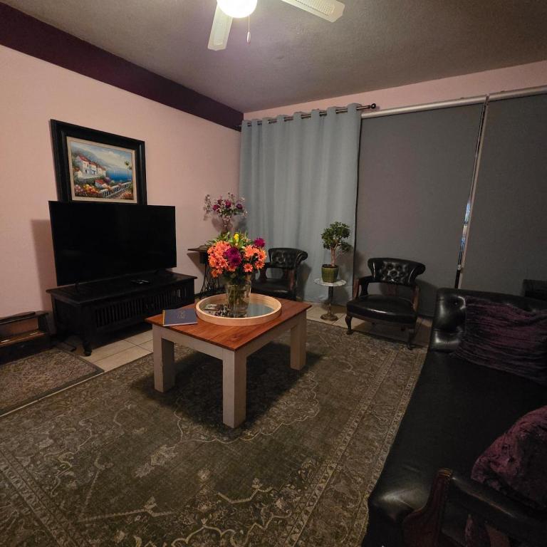 a living room with a coffee table and a tv at Bekk-bur in Potchefstroom