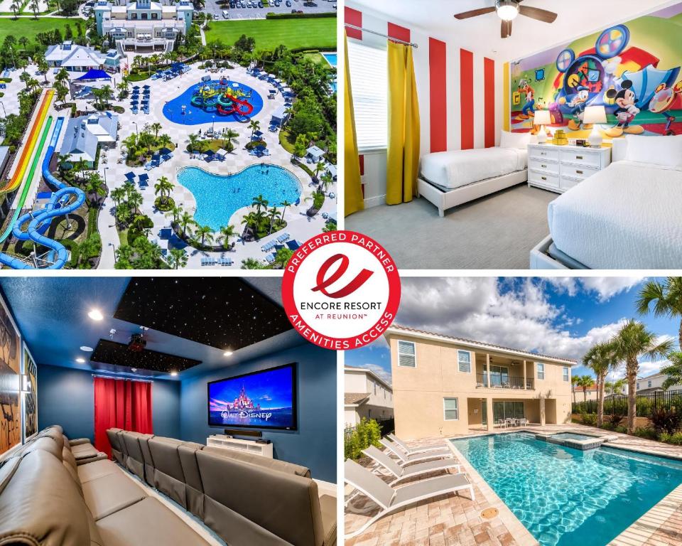 Un collage de fotos de un hotel con piscina y un complejo turístico en Fabulous Home With Air Hockey, Media Room And Waterpark & Resort Access Near Disney At Encore Resorts Reunion - 290Fl, en Kissimmee