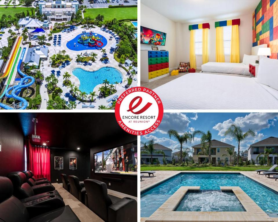 a collage of photos of a hotel with a pool and a resort at Grand Home Near Disney With Private Pool, Media And Themed Rooms With Waterpark & Resort Access At Encore Resorts Reunion - 360Bu in Orlando