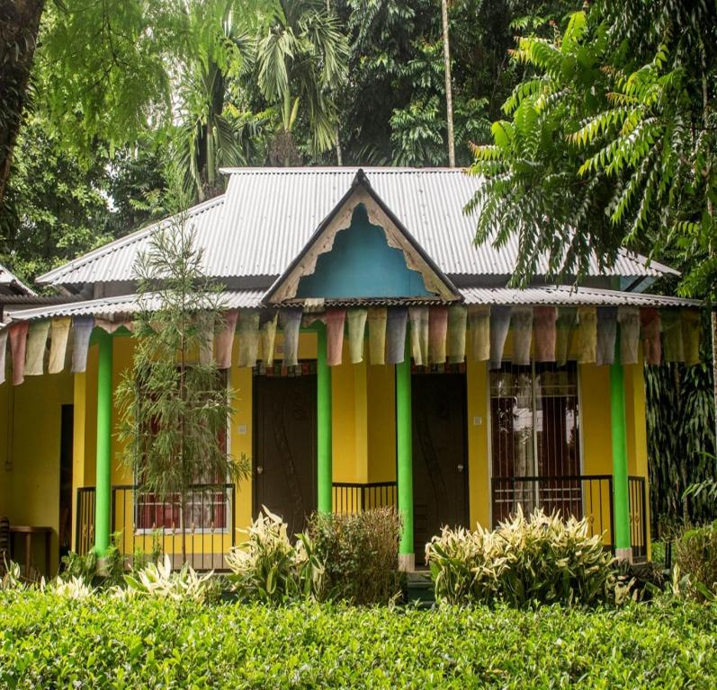 una casa amarilla y verde con techo de hojalata en Chai Bagan Homestay By StayApart, en Lataguri