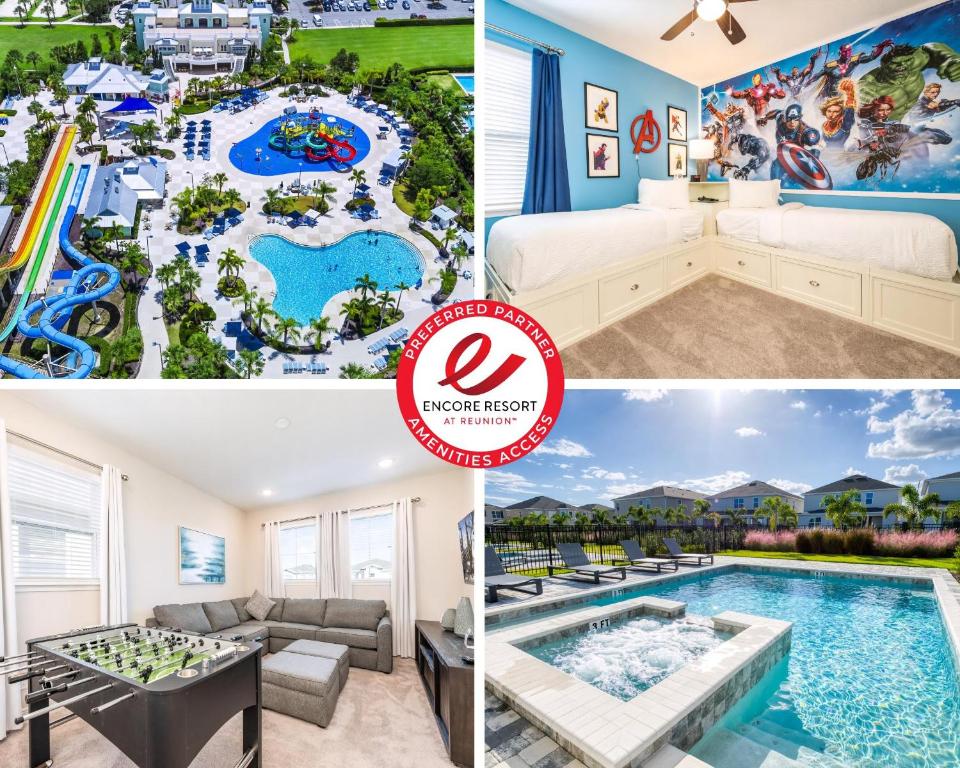 eine Fotocollage eines Hotels mit Pool und eines Ferienresorts in der Unterkunft Elegant Home Near Disney With Private Pool, Foosball Table, Themed Rooms And Waterpark & Resort Access At Encore Resorts Reunion - 365Sf in Kissimmee