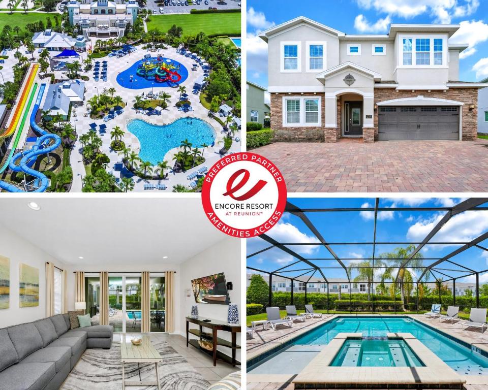 eine Collage mit Fotos von einem Haus und einem Pool in der Unterkunft Spacious Home With Private Pool Near Disney With Waterpark & Resort Access At Encore Resort - 7720Ff in Kissimmee