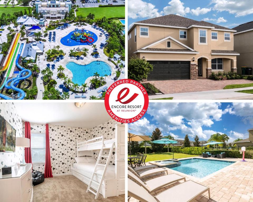 a collage of photos of a house and a pool at Gorgeous Home With Media, Disney Themed Kids Room Near Disney With Waterpark & Resort Access At Encore Resort - 771La in Kissimmee