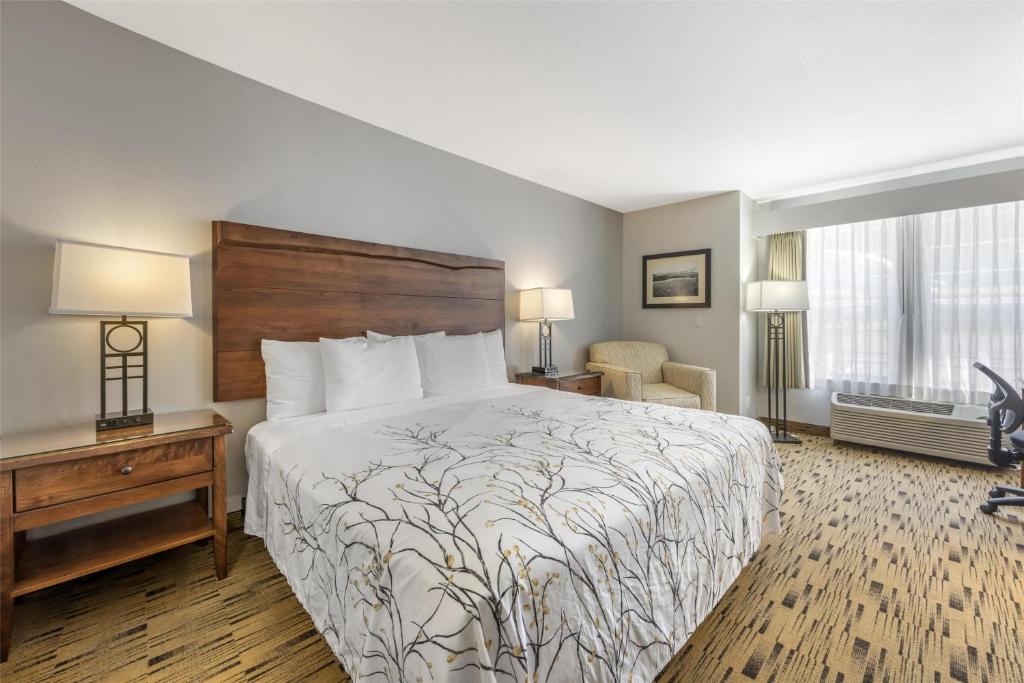 a hotel room with a bed and a desk and a bed sidx sidx at Best Western Plus Columbia River Inn in Cascade Locks
