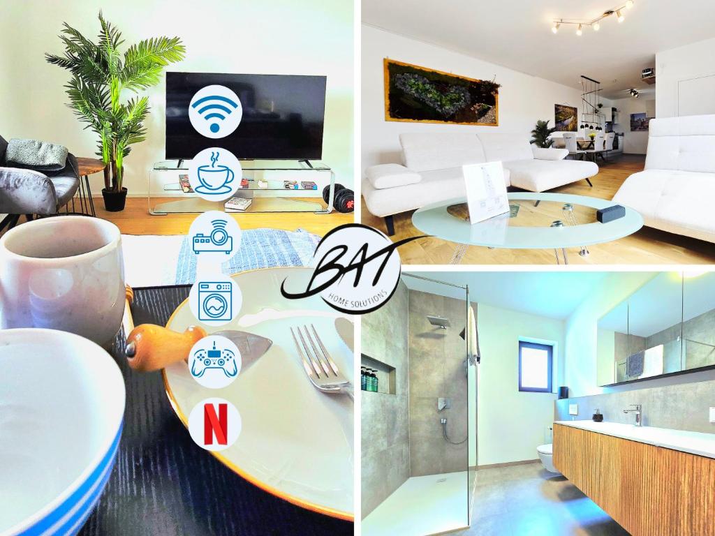 a collage of photos of a living room and a kitchen at 15 Min Center Terrace BBQ Luxury Cinem Quiet in Trierweiler