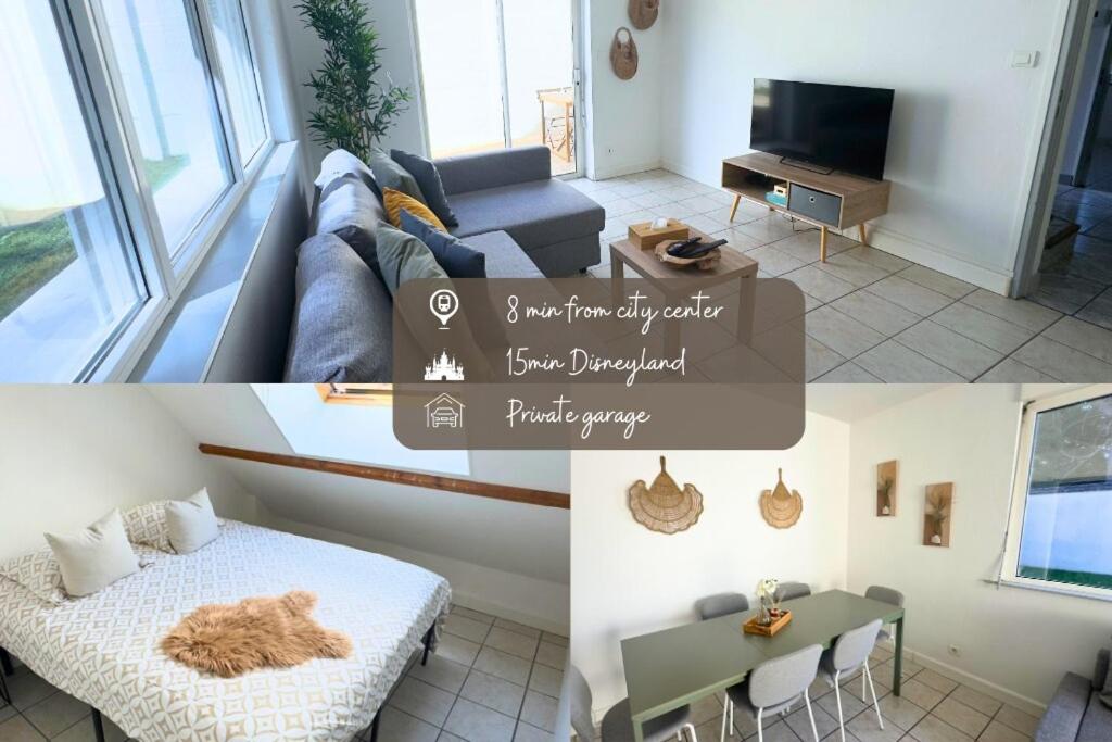 a collage of three pictures of a living room at Maison familiale près de Disney in Lagny