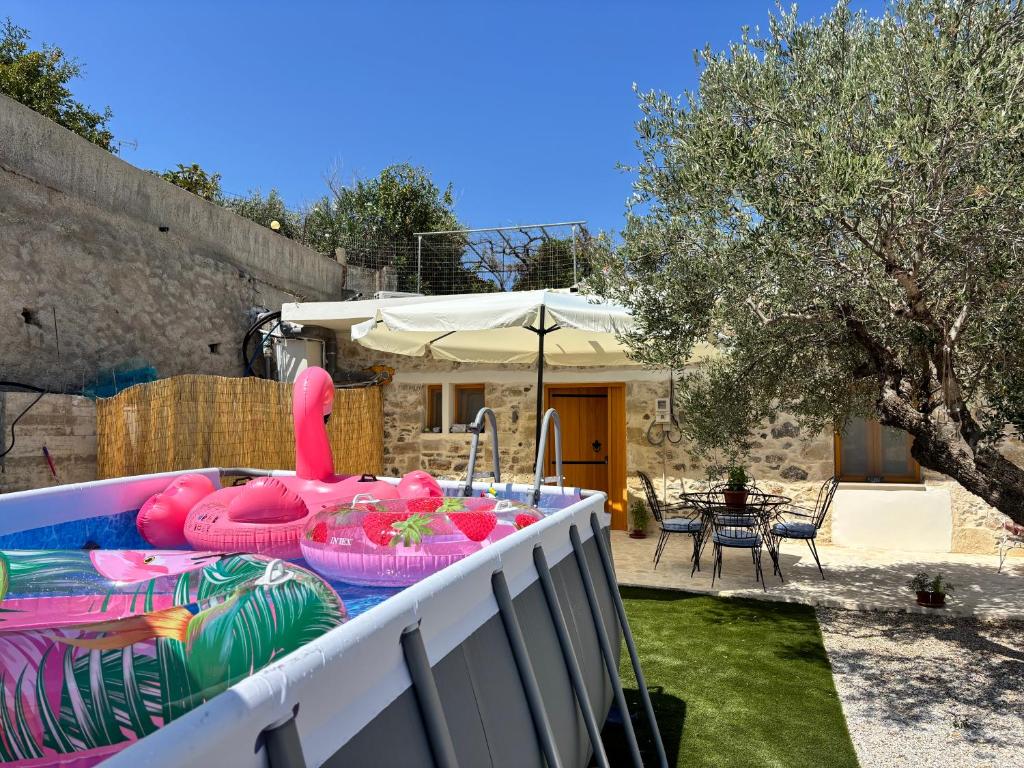 a large pool with a inflatableescription at Erofili Traditional House in Pómbia