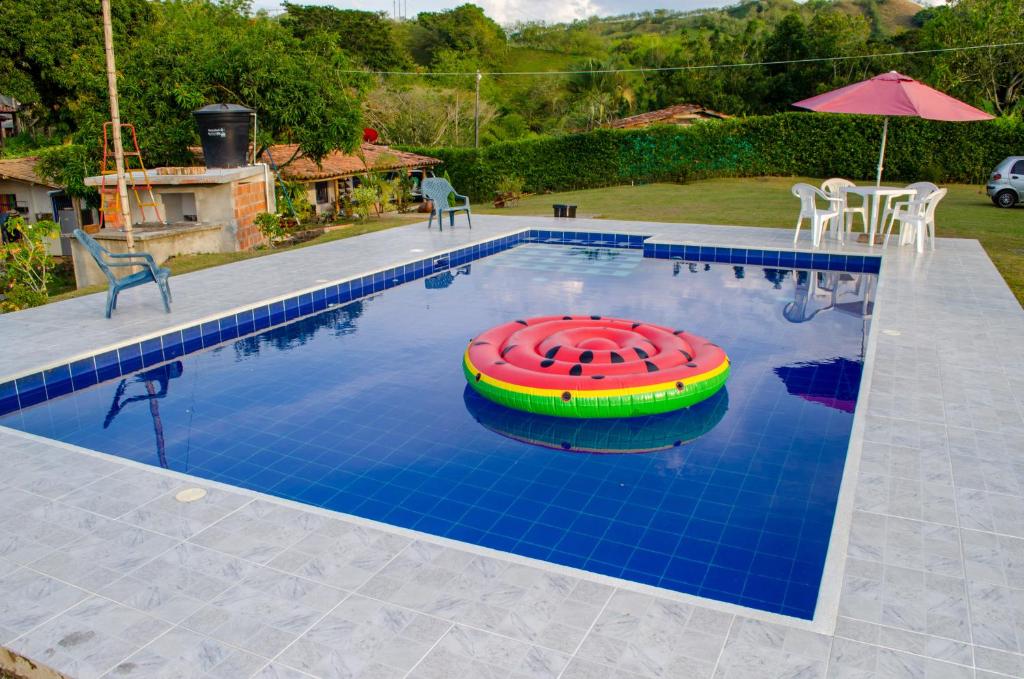 a pool with a red and green float in the water at Finca La Margarita in Alcalá