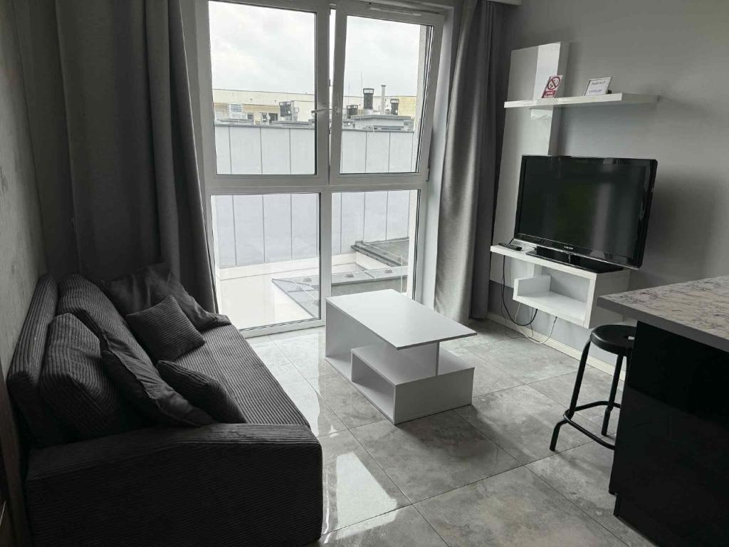 Una sala de estar con un sofá y una ventana grande. en Apartament Poznańska 24, en Bydgoszcz
