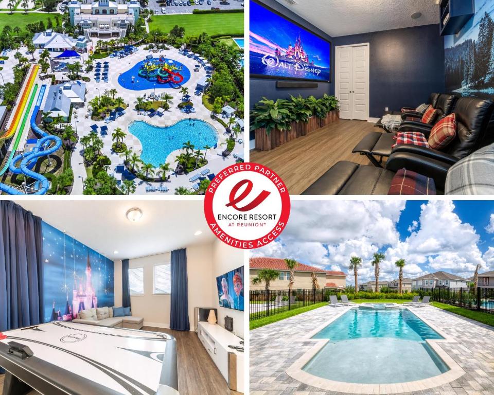 a collage of photos of a hotel with a pool and a resort at Luxury Home With Themed Rooms, Air Hockey Near Disney With Waterpark & Resort Access At Encore Resort - 7699Gr in Kissimmee