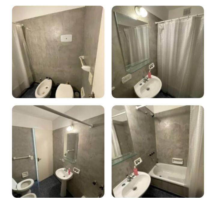 four pictures of a bathroom with two sinks and a shower at Casa La Banda Santiago del Estero in La Banda