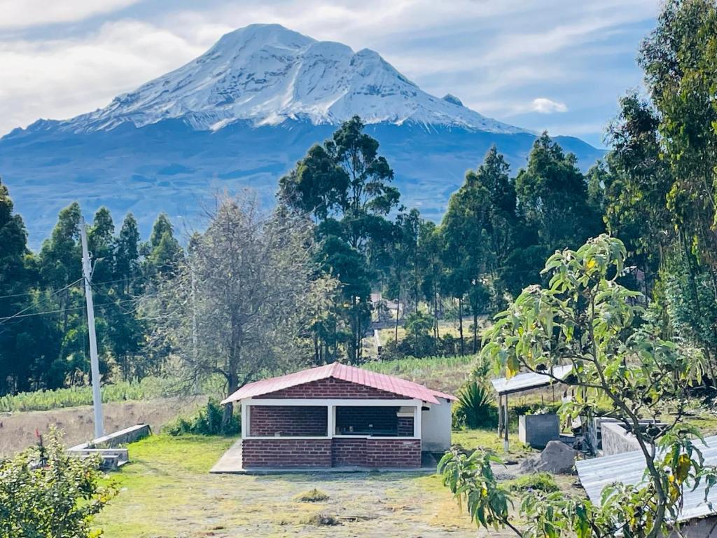 a house with a mountain in the background at Quinta Los Ángeles in Riobamba