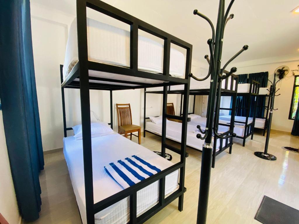 a bedroom with two bunk beds with blue and white sheets at Ella Mount Hostel in Ella
