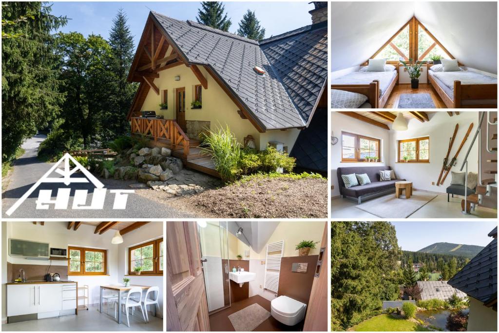 a collage of pictures of a house at Apartmány HUT 1 in Harrachov