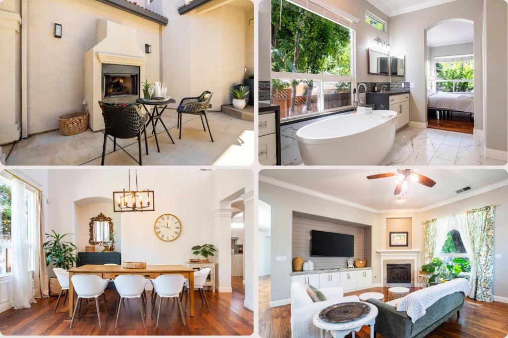 a collage of photos of a living room and dining room at Folsom 4BR Retreat - Backyard & Parking in Folsom