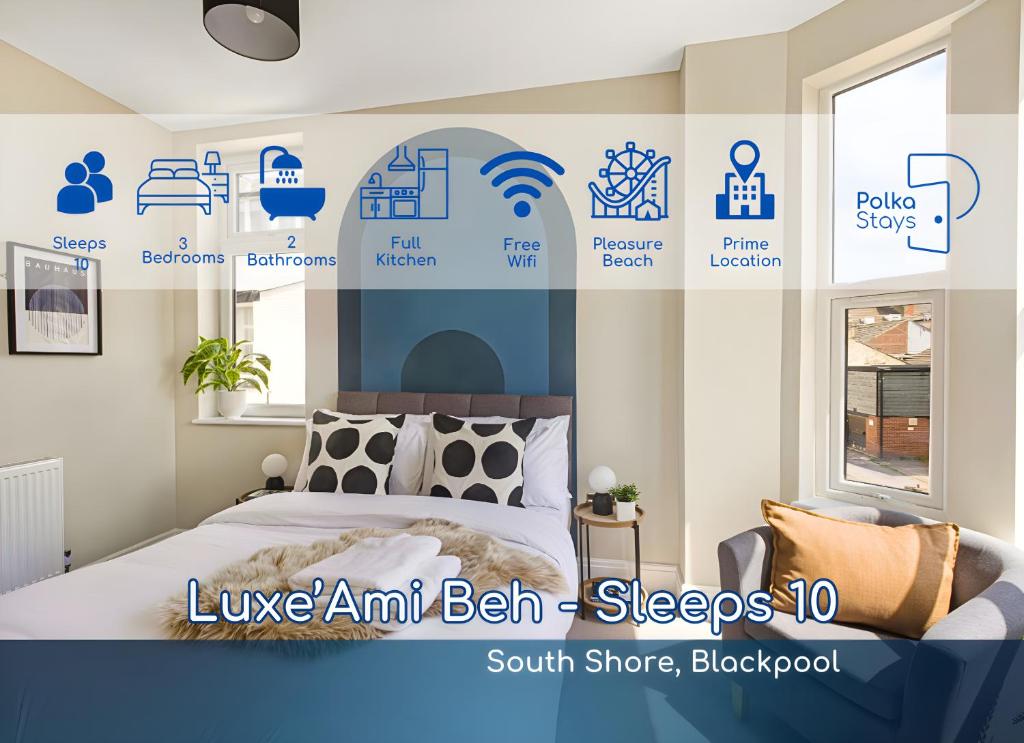 a poster of a bedroom with a bed and a window at Luxe Ami Beh Large Group Apartment by PolkaStays in Blackpool