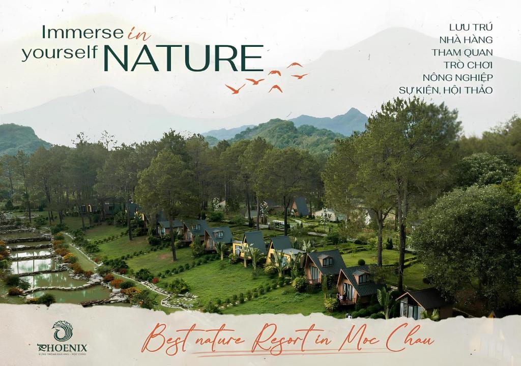 Una portada de revista de un pueblo con casas y árboles. en Phoenix Mộc Châu Resort, en Mộc Châu