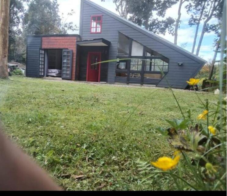 a house with a red door and a green yard at Cabaña Bosque cerca playas in Valdivia