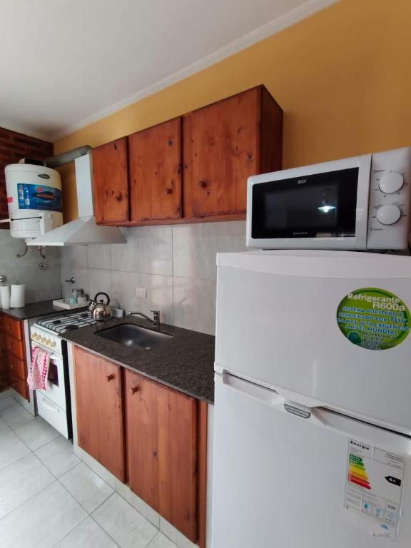 a kitchen with a white refrigerator and a microwave at 4 Estaciones in Pergamino
