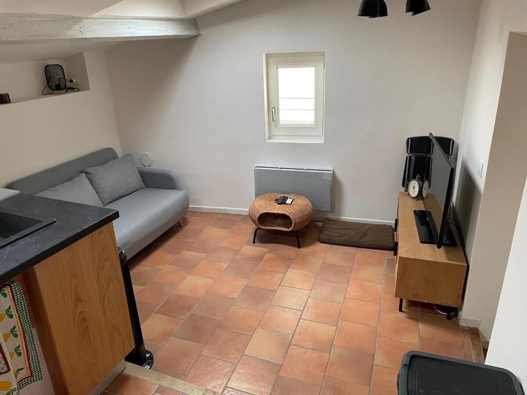 a living room with a couch and a table at Chambre calme, climatisé, appartement N2 in Avignon