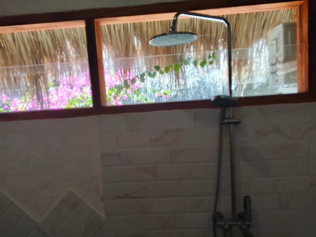 a shower with a glass window in a bathroom at we are close in Gili Meno