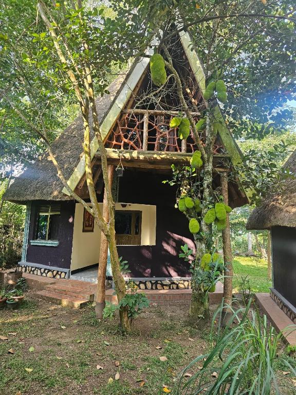 a small house with a thatched roof at Nguru Farm Cottages in Wakiso
