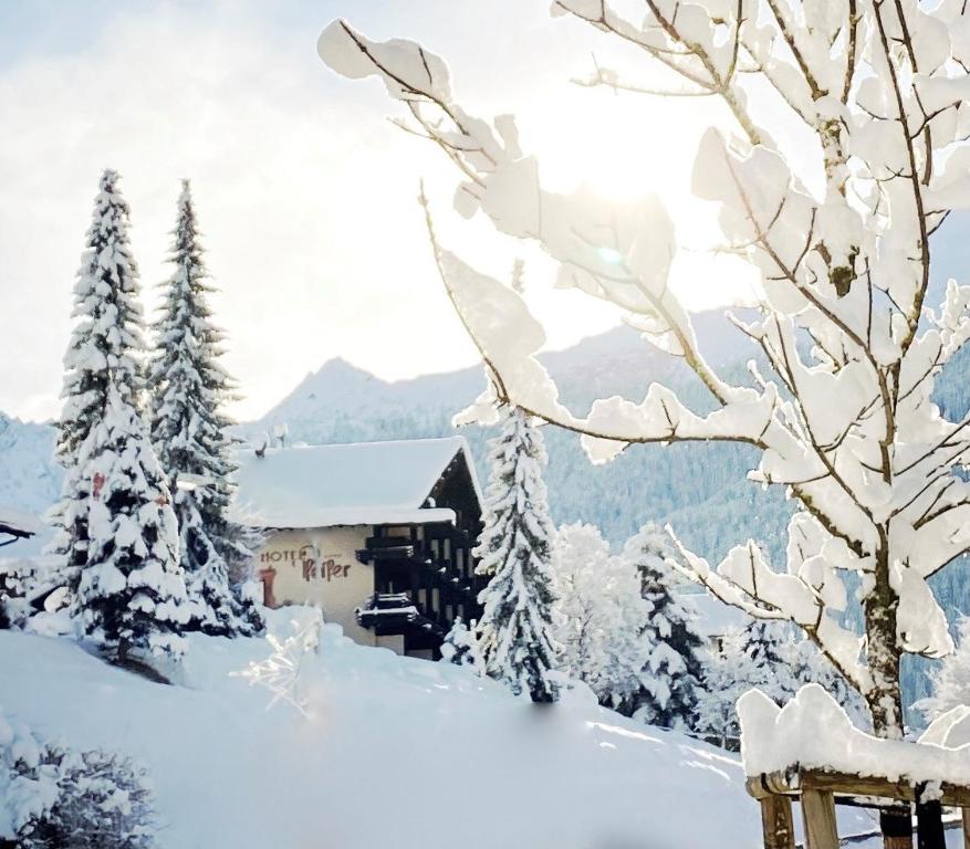 a ski lodge in the snow with snow covered trees at Hotel Pfeifer in Gaschurn