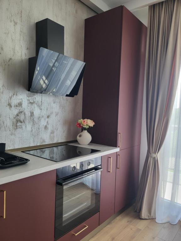 une cuisine avec des armoires violettes et une cuisinière dans l'établissement Sika Opulent Grand Apartment, à Arad